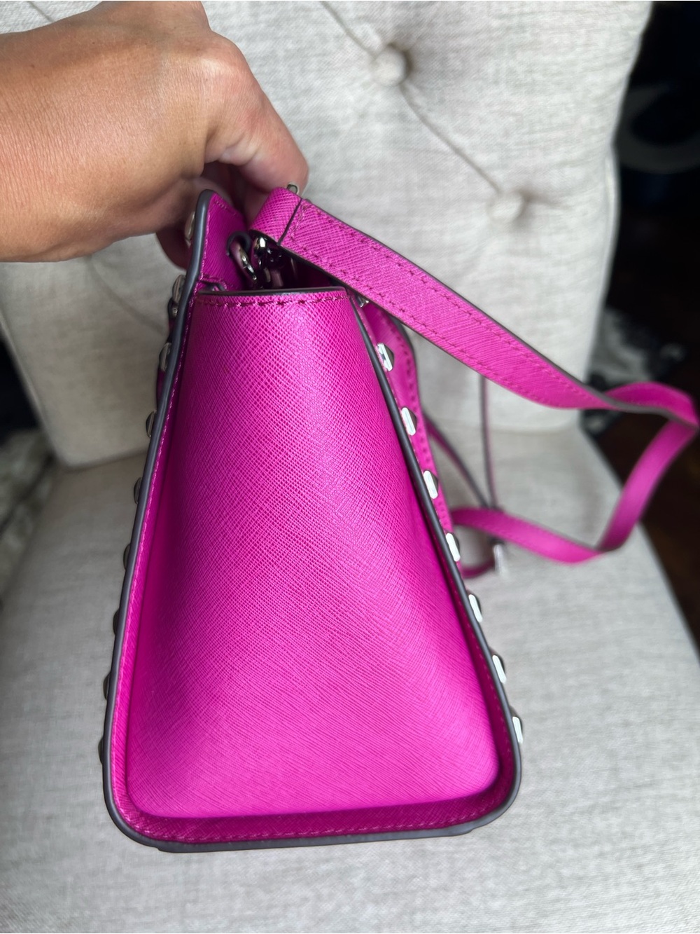Michael Kors Hot Pink Studded Saffiano Satchel - Picture 5 of 8